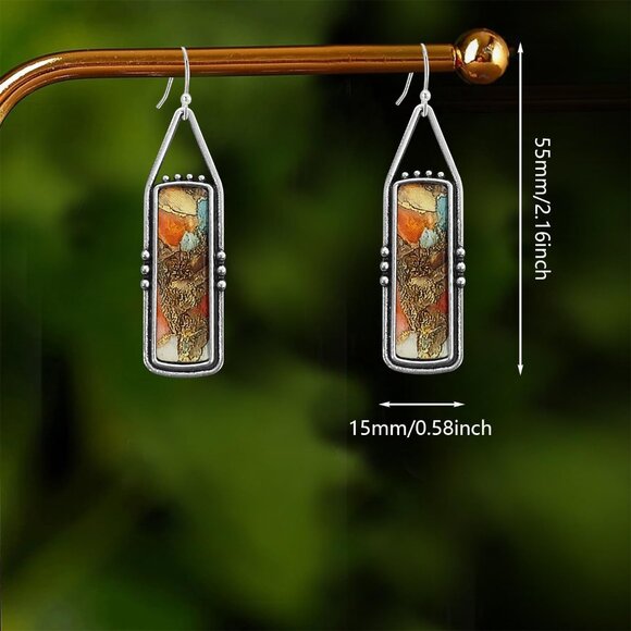 Orange Handmade Bohemian Tribal Retro Colorful Square Bar Dangle Drop Earring - Picture 5 of 6